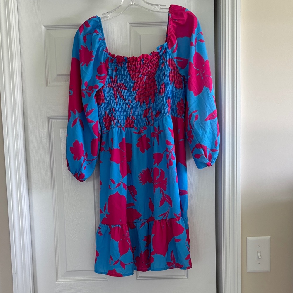 First Love Vibrant Blue and Pink Floral Mini Dress